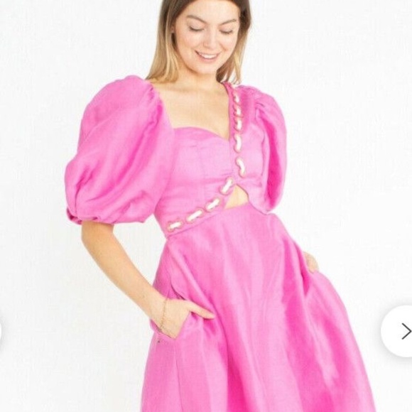 Aje Coda Eyelet Asymmetrical Pink Midi Dress 6 ( AU 10 ) - Picture 4 of 12